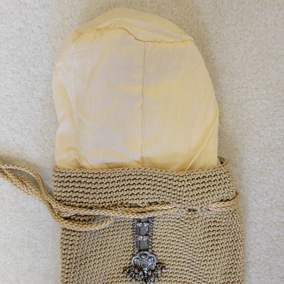 Varsha Patel Crochet Drawstring Crossbody Bag Braided Straps Aged Silver Detail - Picture 8 of 10